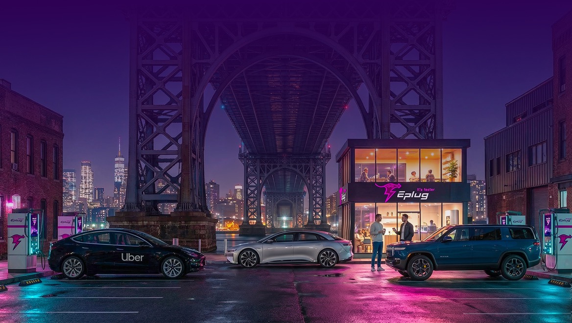 EPlug charging station with EVs under the Williamsburg Bridge at night